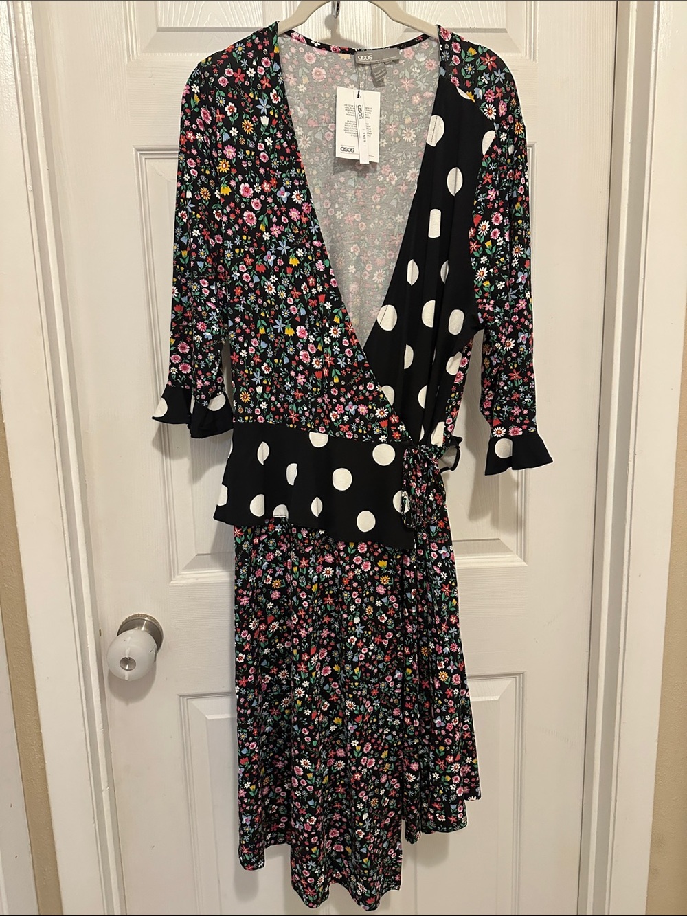 ASOS Black Floral & Polka Dot Wrap Midi Dress with Multicolor Blooms